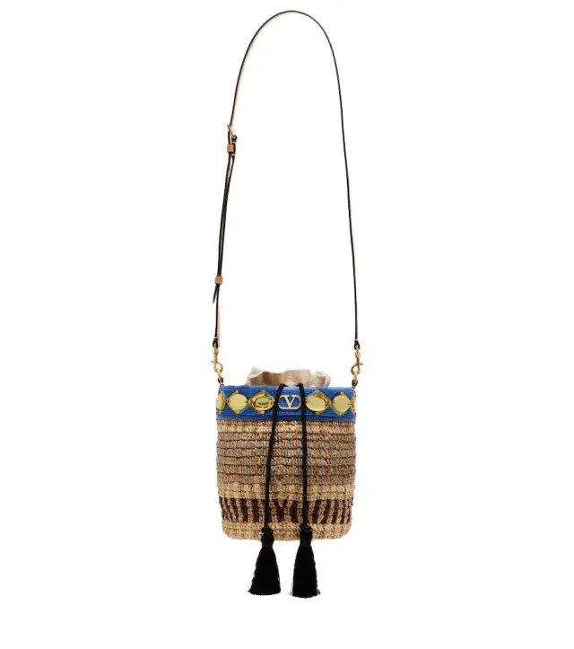 VLogo Small embellished raffia-effect bucket bag VLogo Small embellished raffia-effect bucket bag