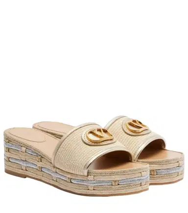 Valentino Garavani VLogo leather-trimmed espadrille slides | Thumbnail 1 Valentino Garavani VLogo leather-trimmed espadrille slides | Thumbnail 1