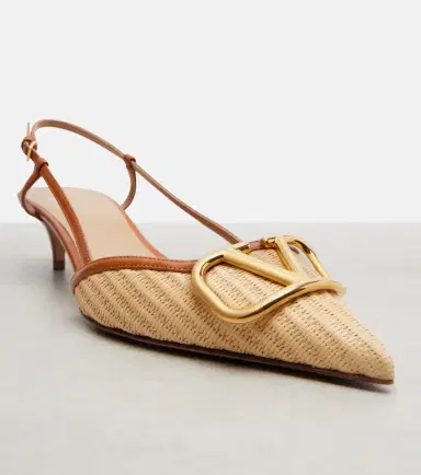 Valentino Garavani VLogo leather-trimmed raffia slingback pumps | Thumbnail 3 Valentino Garavani VLogo leather-trimmed raffia slingback pumps | Thumbnail 3