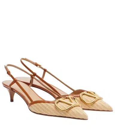 Valentino Garavani VLogo leather-trimmed raffia slingback pumps | Thumbnail 1 Valentino Garavani VLogo leather-trimmed raffia slingback pumps | Thumbnail 1
