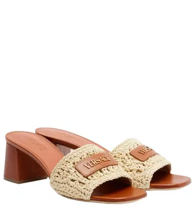 Versace Logo raffia and leather mules | Thumbnail 1 Versace Logo raffia and leather mules | Thumbnail 1