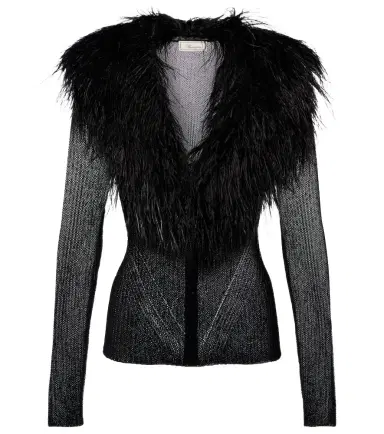 Blumarine Feather-trimmed ribbed-knit cardigan | Thumbnail 1 Blumarine Feather-trimmed ribbed-knit cardigan | Thumbnail 1