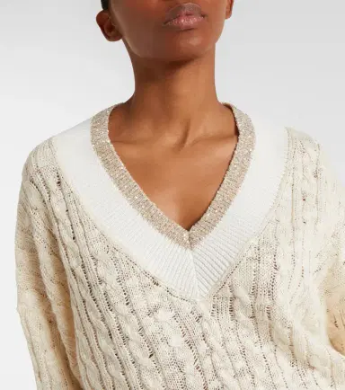 Brunello Cucinelli Cable-knit sequined hemp, silk, and cotton sweater | Thumbnail 3 Brunello Cucinelli Cable-knit sequined hemp, silk, and cotton sweater | Thumbnail 3