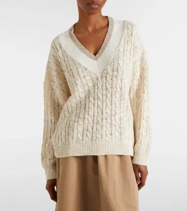 Brunello Cucinelli Cable-knit sequined hemp, silk, and cotton sweater | Thumbnail 4 Brunello Cucinelli Cable-knit sequined hemp, silk, and cotton sweater | Thumbnail 4