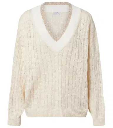 Brunello Cucinelli Cable-knit sequined hemp, silk, and cotton sweater | Thumbnail 1 Brunello Cucinelli Cable-knit sequined hemp, silk, and cotton sweater | Thumbnail 1