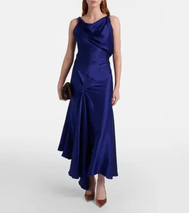 Victoria Beckham Draped asymmetric satin midi dress | Thumbnail 2 Victoria Beckham Draped asymmetric satin midi dress | Thumbnail 2