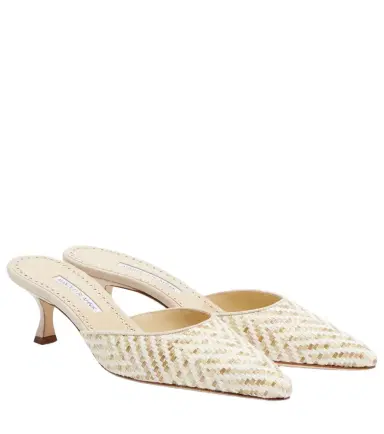 Manolo Blahnik Carolyne leather-trimmed woven mules | Thumbnail 1 Manolo Blahnik Carolyne leather-trimmed woven mules | Thumbnail 1