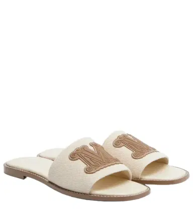 Max Mara Caucaso leather-trimmed canvas slides | Thumbnail 1 Max Mara Caucaso leather-trimmed canvas slides | Thumbnail 1