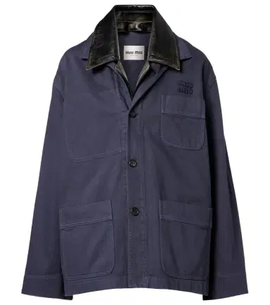 Miu Miu Leather-trimmed oversized cotton gabardine jacket | Thumbnail 1 Miu Miu Leather-trimmed oversized cotton gabardine jacket | Thumbnail 1