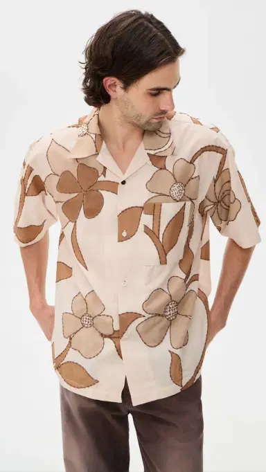 Kardo Rohit Hand Embroidered Shirt Tan M | Thumbnail 2 Kardo Rohit Hand Embroidered Shirt Tan M | Thumbnail 2