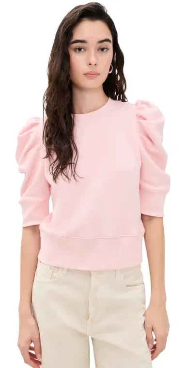 Alice + Olivia Tyler Draped Puff Sleeve Crew Neck Top English Rose | Thumbnail 1 Alice + Olivia Tyler Draped Puff Sleeve Crew Neck Top English Rose | Thumbnail 1