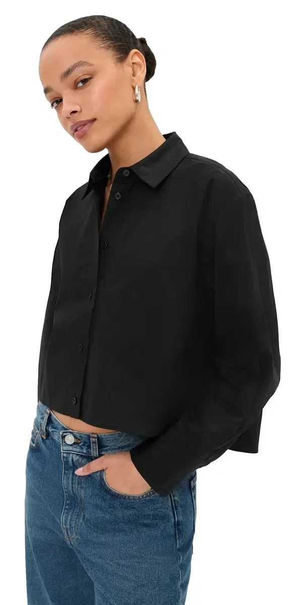 Felicity Boxy Cropped Poplin Button Down Black Felicity Boxy Cropped Poplin Button Down Black
