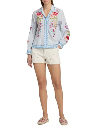 Johnny Was Women's Angela Embroidered Striped Cotton-Blend Shirt - Isara Stripe | Thumbnail 2 Johnny Was Women's Angela Embroidered Striped Cotton-Blend Shirt - Isara Stripe | Thumbnail 2