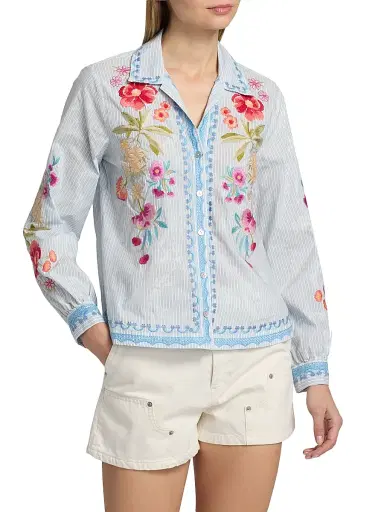 Johnny Was Women's Angela Embroidered Striped Cotton-Blend Shirt - Isara Stripe | Thumbnail 3 Johnny Was Women's Angela Embroidered Striped Cotton-Blend Shirt - Isara Stripe | Thumbnail 3