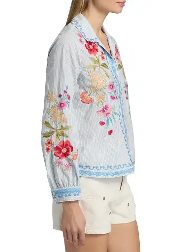 Johnny Was Women's Angela Embroidered Striped Cotton-Blend Shirt - Isara Stripe | Thumbnail 4 Johnny Was Women's Angela Embroidered Striped Cotton-Blend Shirt - Isara Stripe | Thumbnail 4