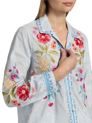 Johnny Was Women's Angela Embroidered Striped Cotton-Blend Shirt - Isara Stripe | Thumbnail 6 Johnny Was Women's Angela Embroidered Striped Cotton-Blend Shirt - Isara Stripe | Thumbnail 6