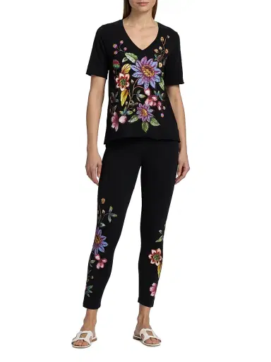 Johnny Was Women's Floral Embroidered V-Neck T-Shirt - Black | Thumbnail 2 Johnny Was Women's Floral Embroidered V-Neck T-Shirt - Black | Thumbnail 2