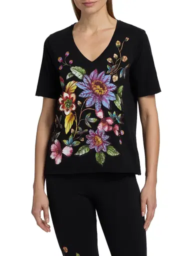 Johnny Was Women's Floral Embroidered V-Neck T-Shirt - Black | Thumbnail 3 Johnny Was Women's Floral Embroidered V-Neck T-Shirt - Black | Thumbnail 3