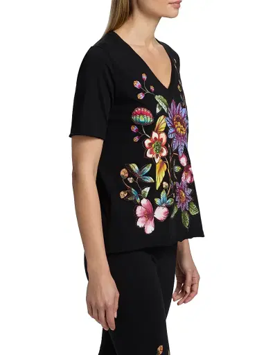 Johnny Was Women's Floral Embroidered V-Neck T-Shirt - Black | Thumbnail 4 Johnny Was Women's Floral Embroidered V-Neck T-Shirt - Black | Thumbnail 4