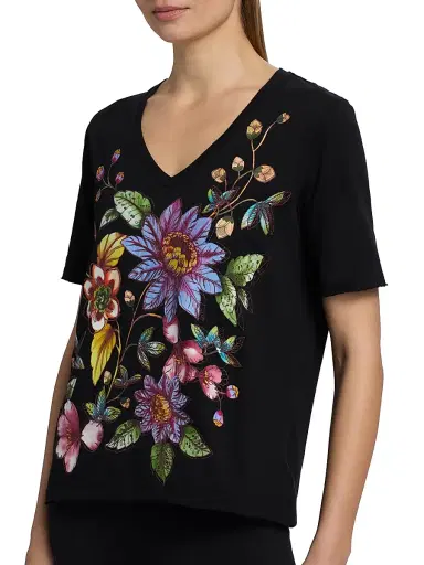 Johnny Was Women's Floral Embroidered V-Neck T-Shirt - Black | Thumbnail 6 Johnny Was Women's Floral Embroidered V-Neck T-Shirt - Black | Thumbnail 6