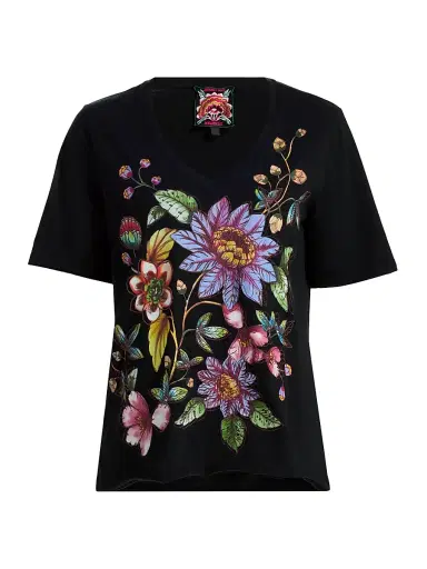 Johnny Was Women's Floral Embroidered V-Neck T-Shirt - Black | Thumbnail 1 Johnny Was Women's Floral Embroidered V-Neck T-Shirt - Black | Thumbnail 1