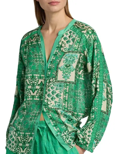 Johnny Was Women's Ellen Printed Silk Button-Front Shirt - Hollandia | Thumbnail 6 Johnny Was Women's Ellen Printed Silk Button-Front Shirt - Hollandia | Thumbnail 6