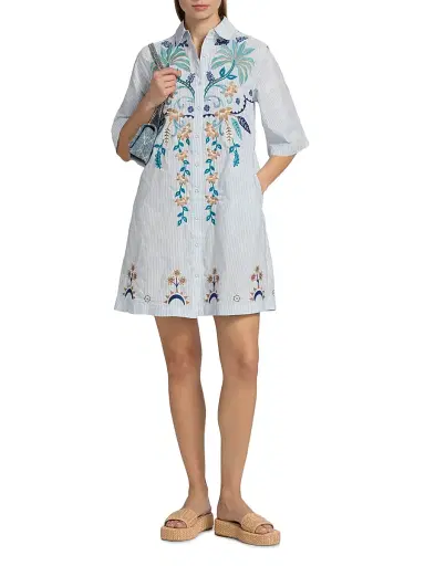 Johnny Was Women's Una Embroidered Striped Cotton-Blend Mini-Shirtdress - Isara Stripe | Thumbnail 2 Johnny Was Women's Una Embroidered Striped Cotton-Blend Mini-Shirtdress - Isara Stripe | Thumbnail 2
