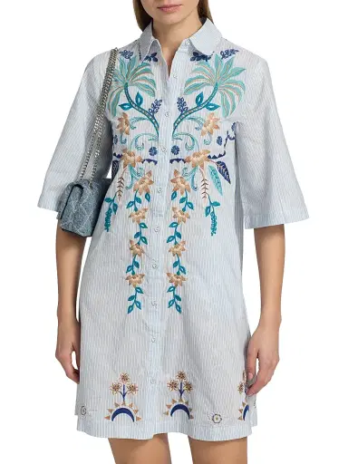 Johnny Was Women's Una Embroidered Striped Cotton-Blend Mini-Shirtdress - Isara Stripe | Thumbnail 3 Johnny Was Women's Una Embroidered Striped Cotton-Blend Mini-Shirtdress - Isara Stripe | Thumbnail 3