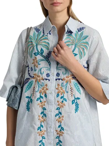 Johnny Was Women's Una Embroidered Striped Cotton-Blend Mini-Shirtdress - Isara Stripe | Thumbnail 6 Johnny Was Women's Una Embroidered Striped Cotton-Blend Mini-Shirtdress - Isara Stripe | Thumbnail 6