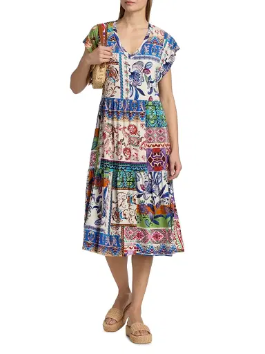 Johnny Was Women's The Janie Patchwork Printed Tea-Length Dress - Armeria Scarf | Thumbnail 3 Johnny Was Women's The Janie Patchwork Printed Tea-Length Dress - Armeria Scarf | Thumbnail 3