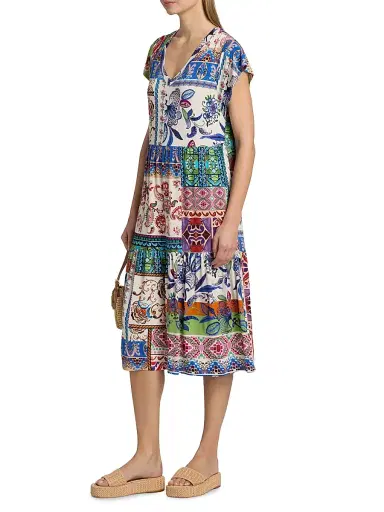 Johnny Was Women's The Janie Patchwork Printed Tea-Length Dress - Armeria Scarf | Thumbnail 4 Johnny Was Women's The Janie Patchwork Printed Tea-Length Dress - Armeria Scarf | Thumbnail 4