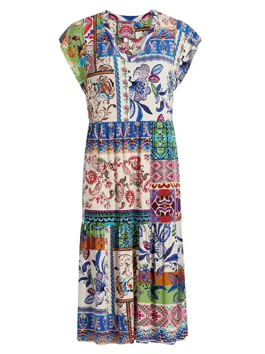 Johnny Was Women's The Janie Patchwork Printed Tea-Length Dress - Armeria Scarf | Thumbnail 1 Johnny Was Women's The Janie Patchwork Printed Tea-Length Dress - Armeria Scarf | Thumbnail 1