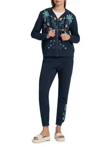 Johnny Was Women's Una Embroidered Stretch-Cotton Zip-Front Hoodie - Blue Night | Thumbnail 2 Johnny Was Women's Una Embroidered Stretch-Cotton Zip-Front Hoodie - Blue Night | Thumbnail 2