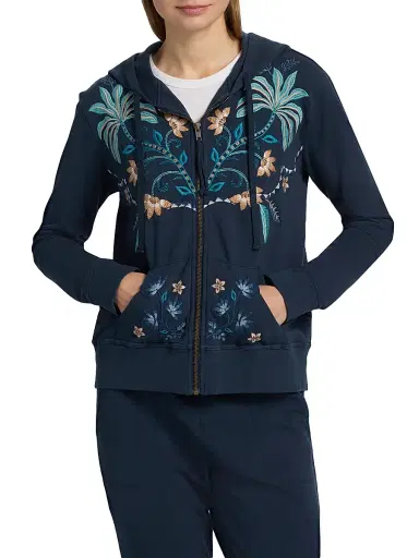 Johnny Was Women's Una Embroidered Stretch-Cotton Zip-Front Hoodie - Blue Night | Thumbnail 3 Johnny Was Women's Una Embroidered Stretch-Cotton Zip-Front Hoodie - Blue Night | Thumbnail 3