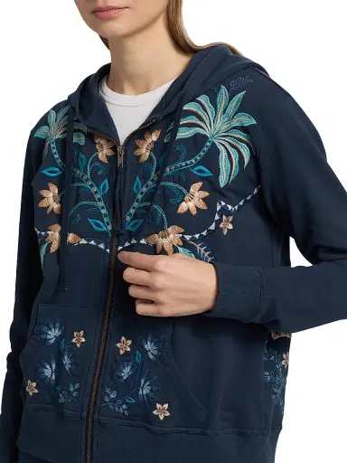 Johnny Was Women's Una Embroidered Stretch-Cotton Zip-Front Hoodie - Blue Night | Thumbnail 6 Johnny Was Women's Una Embroidered Stretch-Cotton Zip-Front Hoodie - Blue Night | Thumbnail 6