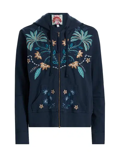 Johnny Was Women's Una Embroidered Stretch-Cotton Zip-Front Hoodie - Blue Night | Thumbnail 1 Johnny Was Women's Una Embroidered Stretch-Cotton Zip-Front Hoodie - Blue Night | Thumbnail 1