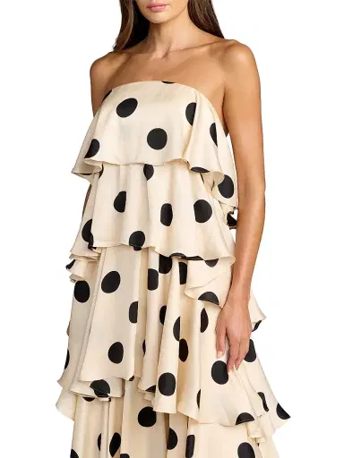 Mac Duggal Women's Ruffled Tiered Polka Dot Charmeuse Gown - Cream Black | Thumbnail 3 Mac Duggal Women's Ruffled Tiered Polka Dot Charmeuse Gown - Cream Black | Thumbnail 3