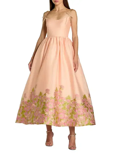 Mac Duggal Women's Brocade Organza Bow-Accented Midi-Dress - Pink Multi | Thumbnail 1 Mac Duggal Women's Brocade Organza Bow-Accented Midi-Dress - Pink Multi | Thumbnail 1