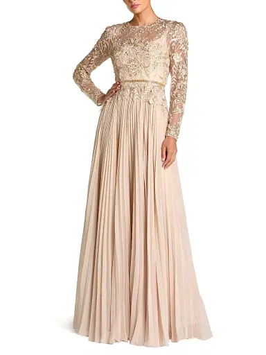 Mac Duggal Women's Floral-Embroidered Pleated Gown - Taupe - Size 18 | Thumbnail 1 Mac Duggal Women's Floral-Embroidered Pleated Gown - Taupe - Size 18 | Thumbnail 1