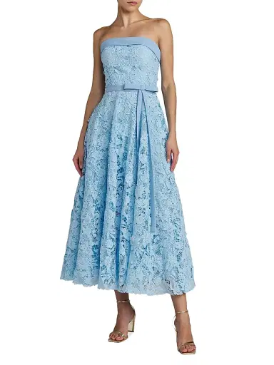 Mac Duggal Women's Floral-Lace Crepe Strapless Midi-Dress - Powder Blue | Thumbnail 1 Mac Duggal Women's Floral-Lace Crepe Strapless Midi-Dress - Powder Blue | Thumbnail 1