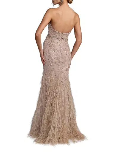 Mac Duggal Women's Feather-Trimmed Embellished Mermaid Gown - Champagne - Size 0 | Thumbnail 2 Mac Duggal Women's Feather-Trimmed Embellished Mermaid Gown - Champagne - Size 0 | Thumbnail 2