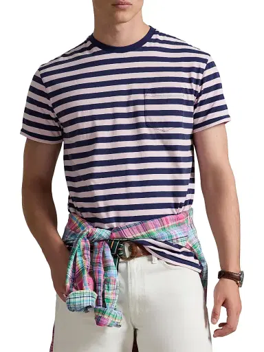 Polo Ralph Lauren Men's Striped Crewneck T-Shirt - Garden Pink Dark Cobalt | Thumbnail 3 Polo Ralph Lauren Men's Striped Crewneck T-Shirt - Garden Pink Dark Cobalt | Thumbnail 3
