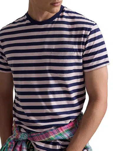 Polo Ralph Lauren Men's Striped Crewneck T-Shirt - Garden Pink Dark Cobalt | Thumbnail 5 Polo Ralph Lauren Men's Striped Crewneck T-Shirt - Garden Pink Dark Cobalt | Thumbnail 5