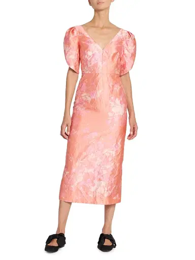 Erdem Women's Floral Textured Satin Midi-Dress - Rose Bouquet Peach Pink | Thumbnail 2 Erdem Women's Floral Textured Satin Midi-Dress - Rose Bouquet Peach Pink | Thumbnail 2