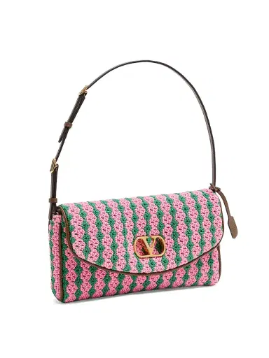 Valentino Garavani Women's Devain Shoulder Bag in Crochet Fabric - Pink Green | Thumbnail 5 Valentino Garavani Women's Devain Shoulder Bag in Crochet Fabric - Pink Green | Thumbnail 5