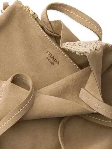 Prada Women's Suede and Crochet Tote Bag - Beige Khaki | Thumbnail 4 Prada Women's Suede and Crochet Tote Bag - Beige Khaki | Thumbnail 4