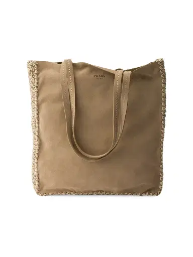 Prada Women's Suede and Crochet Tote Bag - Beige Khaki | Thumbnail 1 Prada Women's Suede and Crochet Tote Bag - Beige Khaki | Thumbnail 1