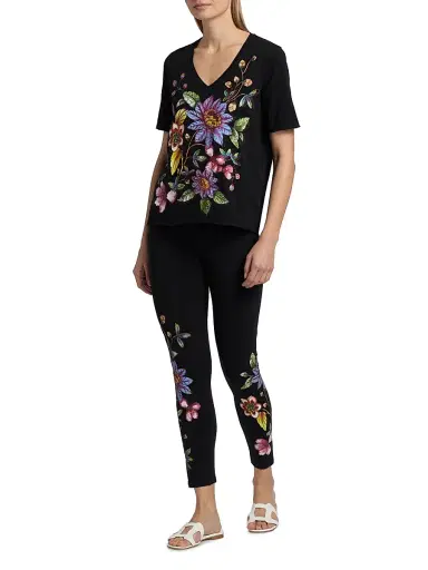 Johnny Was Women's Floral Cotton Jersey Leggings - Black | Thumbnail 2 Johnny Was Women's Floral Cotton Jersey Leggings - Black | Thumbnail 2