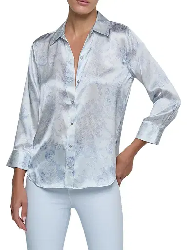 L'AGENCE Women's Dani Floral Lace Button-Front Blouse - Mist Blue Lace Print | Thumbnail 3 L'AGENCE Women's Dani Floral Lace Button-Front Blouse - Mist Blue Lace Print | Thumbnail 3
