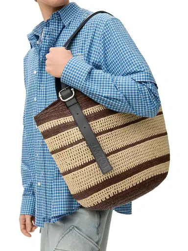 Loewe Men's x Paula's Ibiza Loop Basket Striped Raffia Tote Bag - Chocolate Natural | Thumbnail 3 Loewe Men's x Paula's Ibiza Loop Basket Striped Raffia Tote Bag - Chocolate Natural | Thumbnail 3
